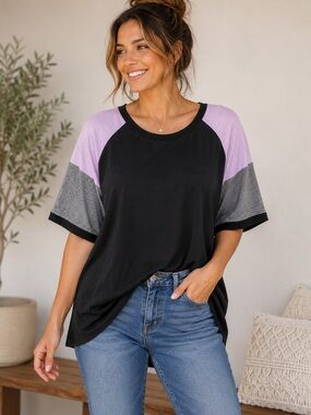 BloomChic Color Block Raglan Tee Black Gray Lavender/Pink Plus Size 18/20